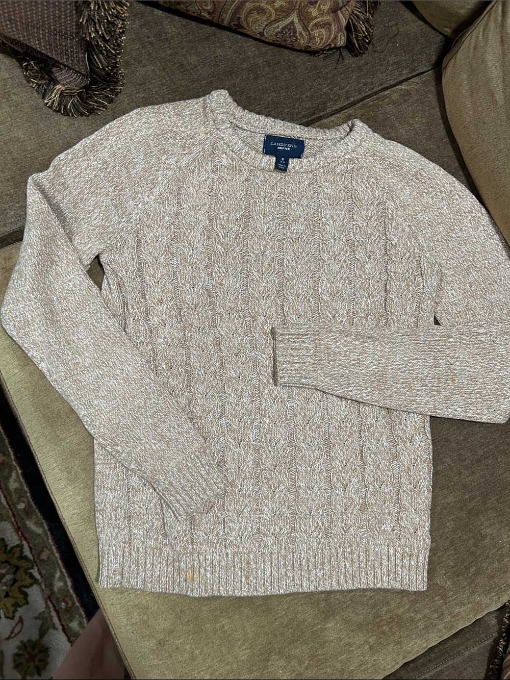 Lands' End Drifter Small ladies Crewneck Cable Knit Sweater  tan ( - Oatmeal LN